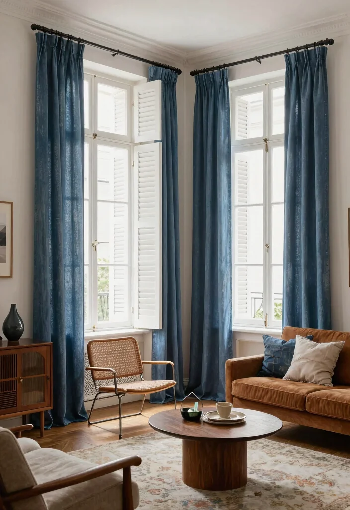 18 Blinds With Curtains Ideas That Layer Beautifully - 14. Faded Denim Curtains with Shutters 1