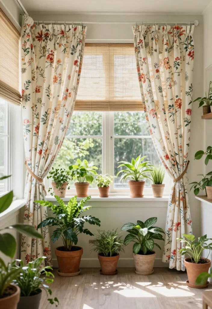 18 Blinds With Curtains Ideas That Layer Beautifully - 16. Floral Curtains with Natural Fiber Blinds 1