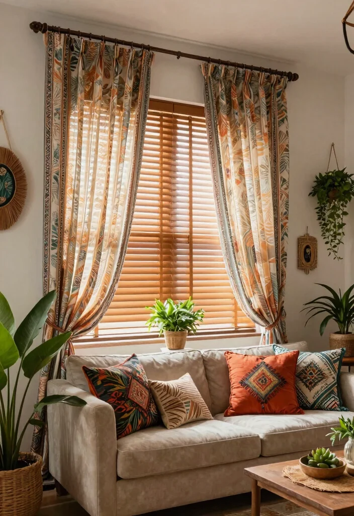 18 Blinds With Curtains Ideas That Layer Beautifully - 7. Bohemian Style Curtains with Wood Blinds 1