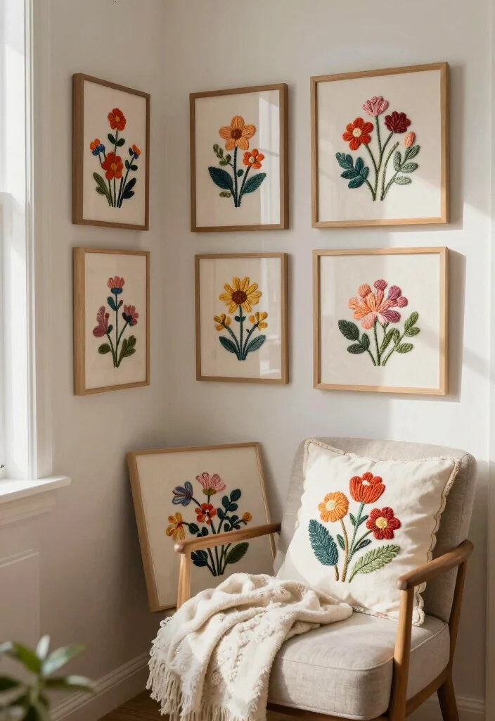 18 Floral Wall Decor Ideas That Add Romantic Touch - 14. Floral Embroidery Art 1