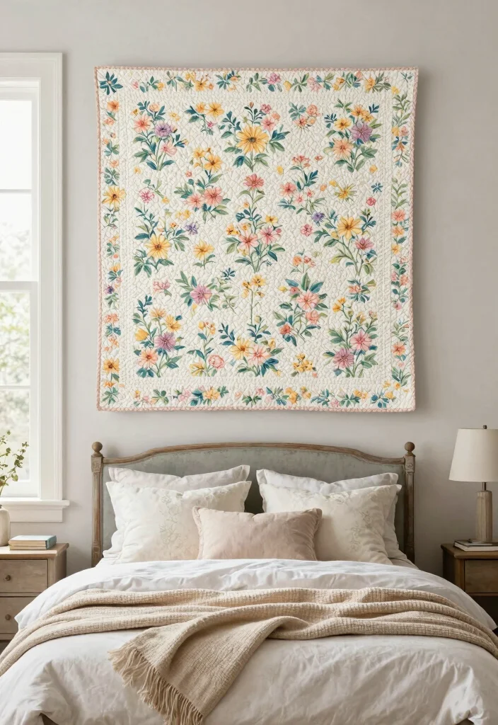 18 Floral Wall Decor Ideas That Add Romantic Touch - 16. Floral Quilt as Wall Art 1