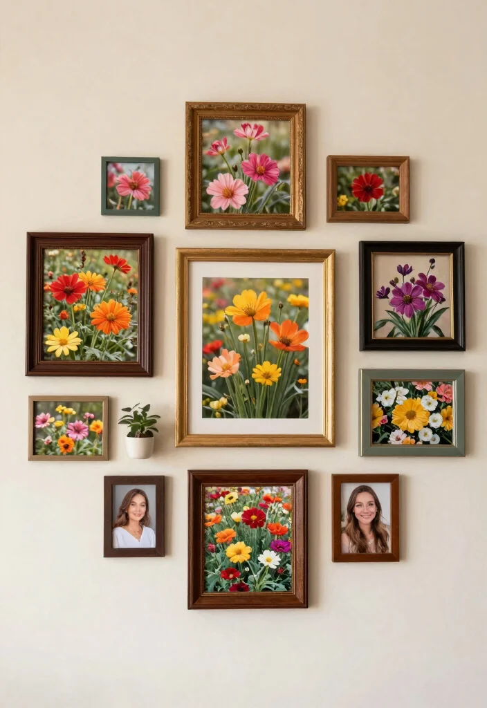 18 Floral Wall Decor Ideas That Add Romantic Touch - 17. Flower-Themed Photo Collage 1