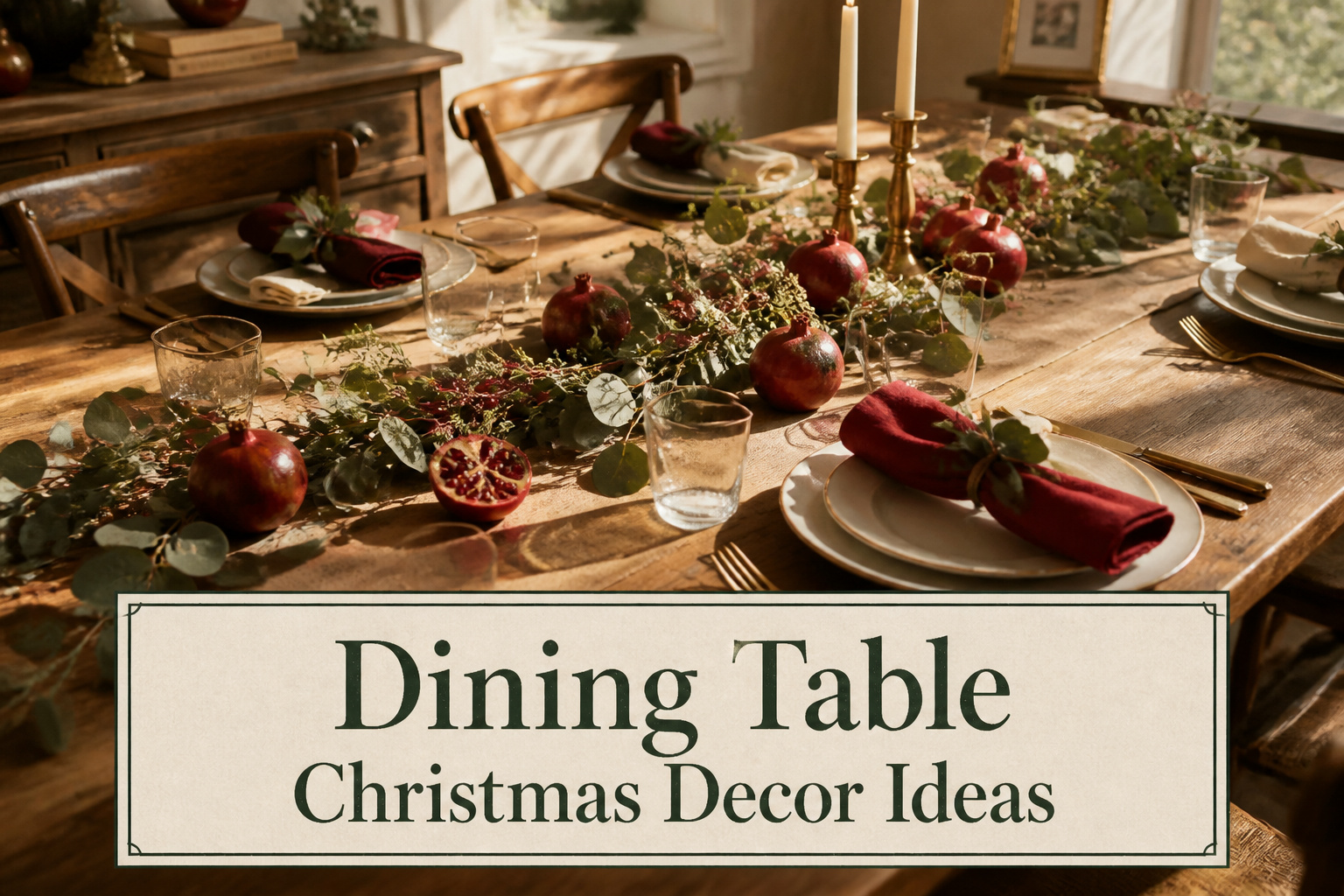 Dining table decorated for Christmas with various decor elements.