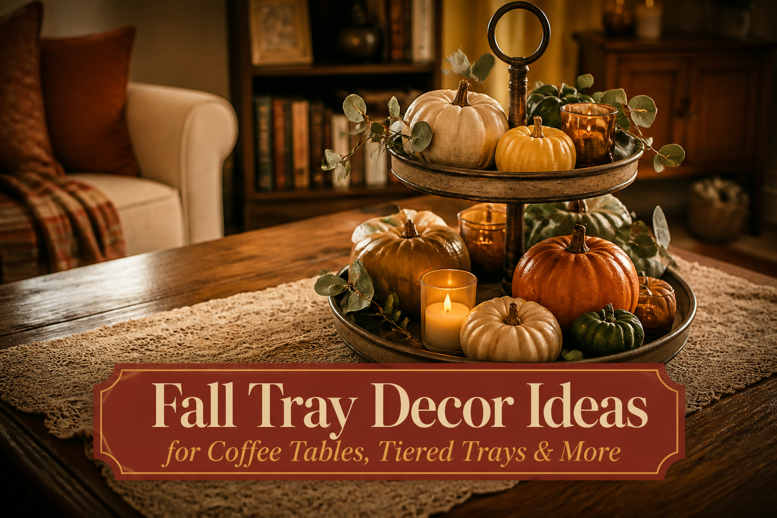 Various fall decor items displayed on a decorative tray.