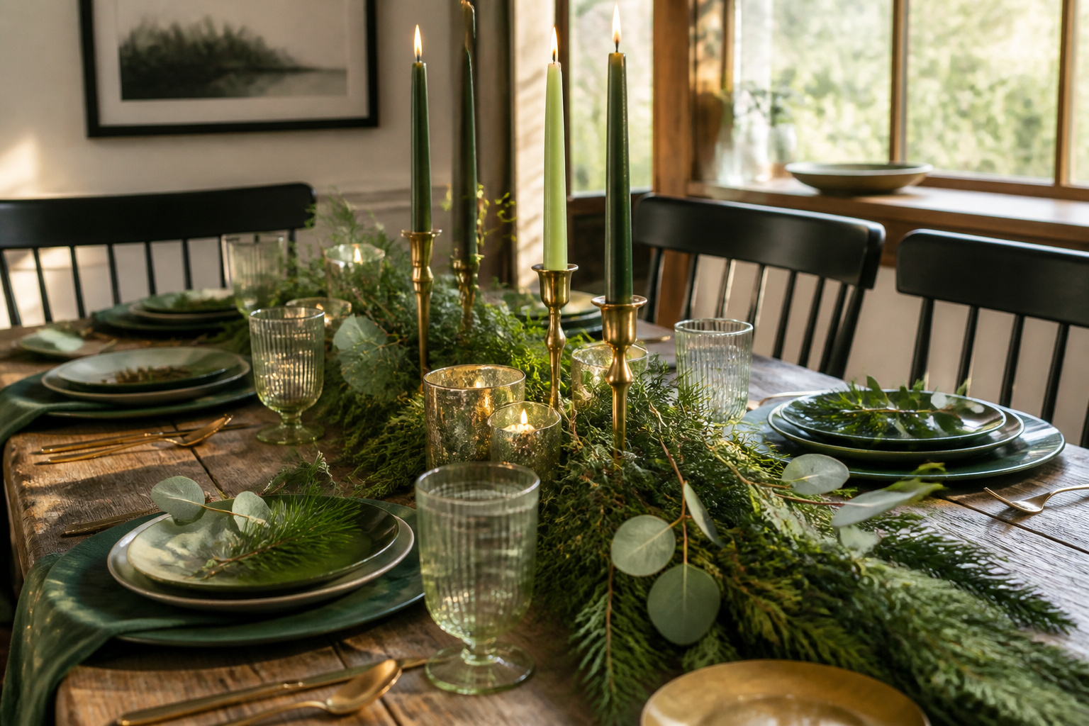 A green Christmas table setting featuring layered textures and decorative accents.