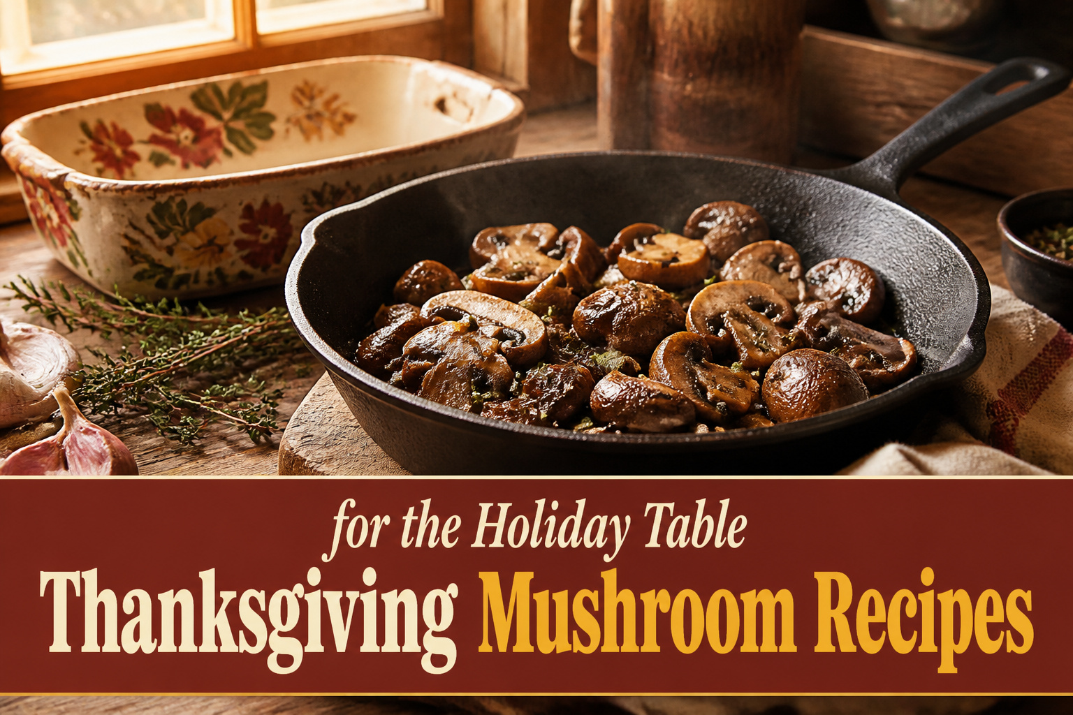 Various mushroom dishes arranged on a table for Thanksgiving.
