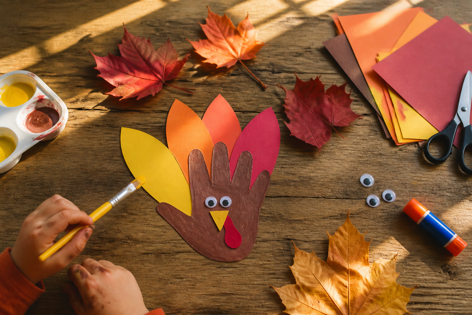 Various turkey crafts made by children displayed on a table.