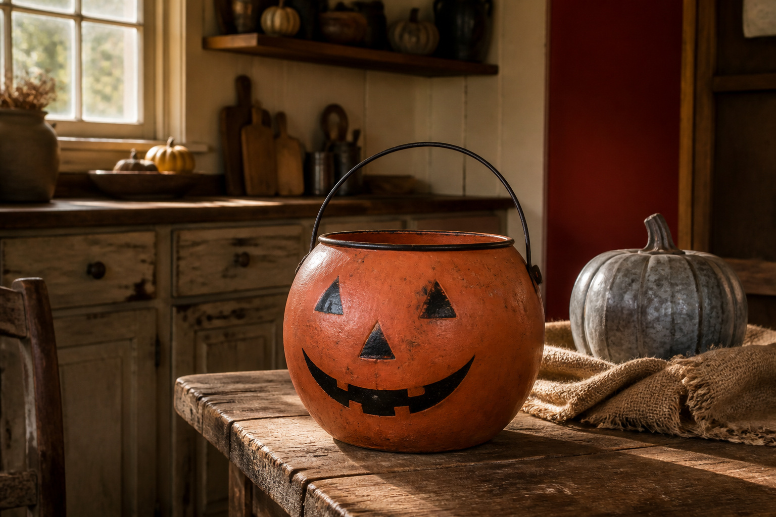 Various vintage pumpkin decorations displayed together for fall and Halloween.